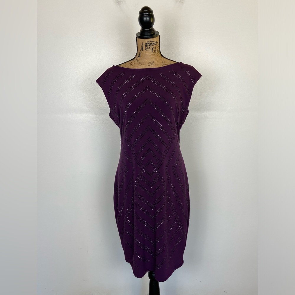 Cache Y2K Rhinestones Midi Dress Size L Purple Jersey Knit Cocktail Party Sexy
